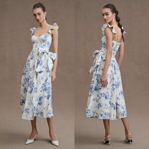 V. Chapman Vera Ruffle-Strap Corset Side-Slit Midi Dress